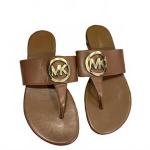 Michael Kors Logo Sandals Brown Leather with Gold MK Emblem Women’s